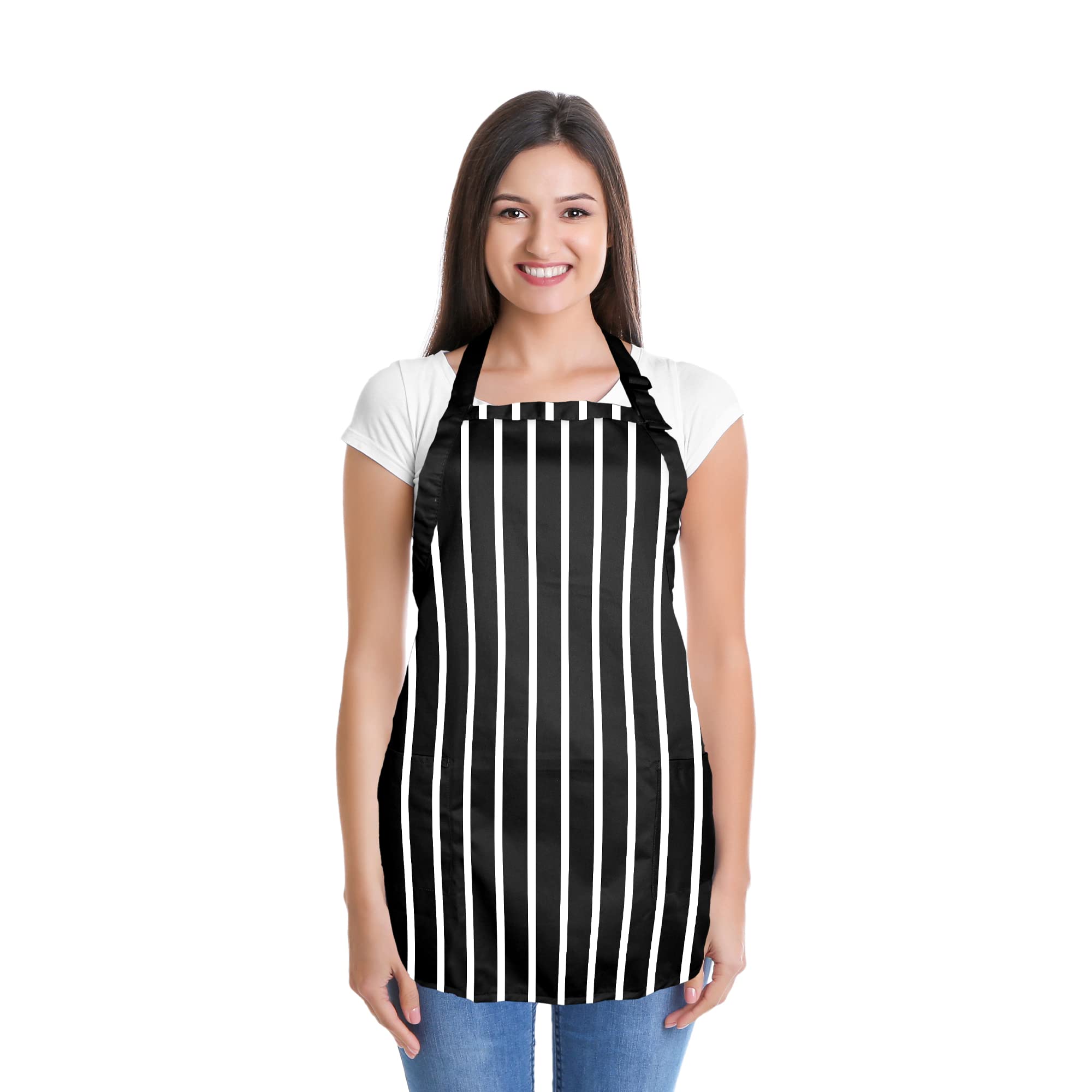 Dalix Apron Commercial Restaurant Home Bib Spun Poly Cotton Kitchen Aprons (2 Pockets) In Pinstripe Black/White